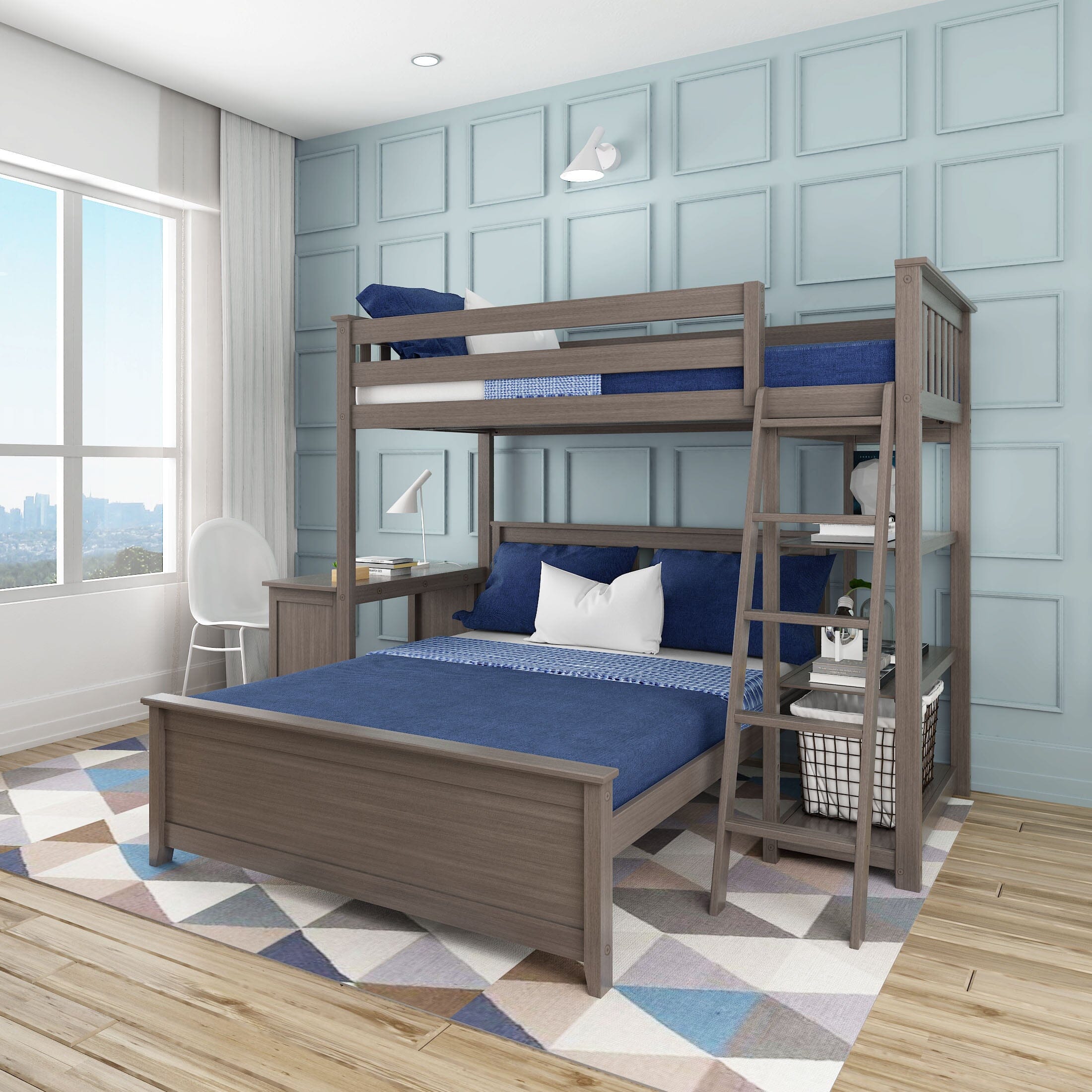 🎄Store Closing Sale💖Kid's L-Shaped Twin Over Full-Size Bunk Bed with Bookcase + Desk