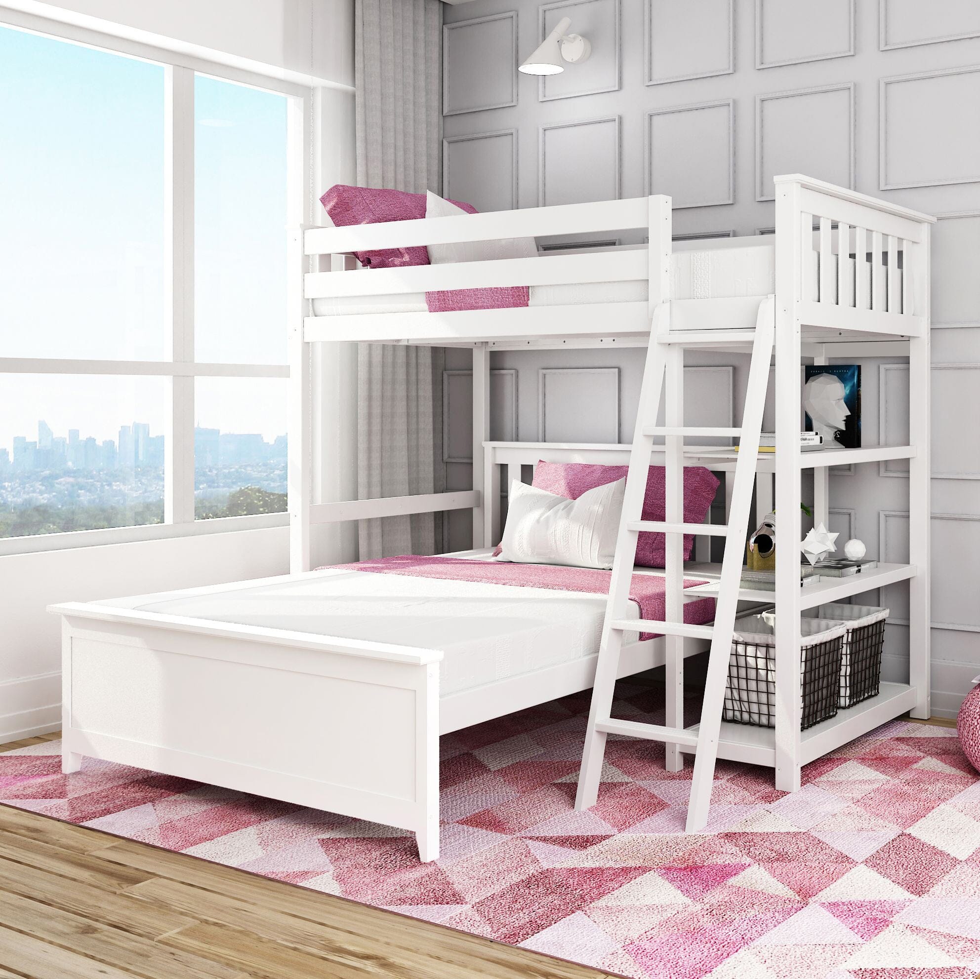 🎄Store Closing Sale💖Kid's L-Shaped Twin Over Full-Size Bunk Bed with Bookcase