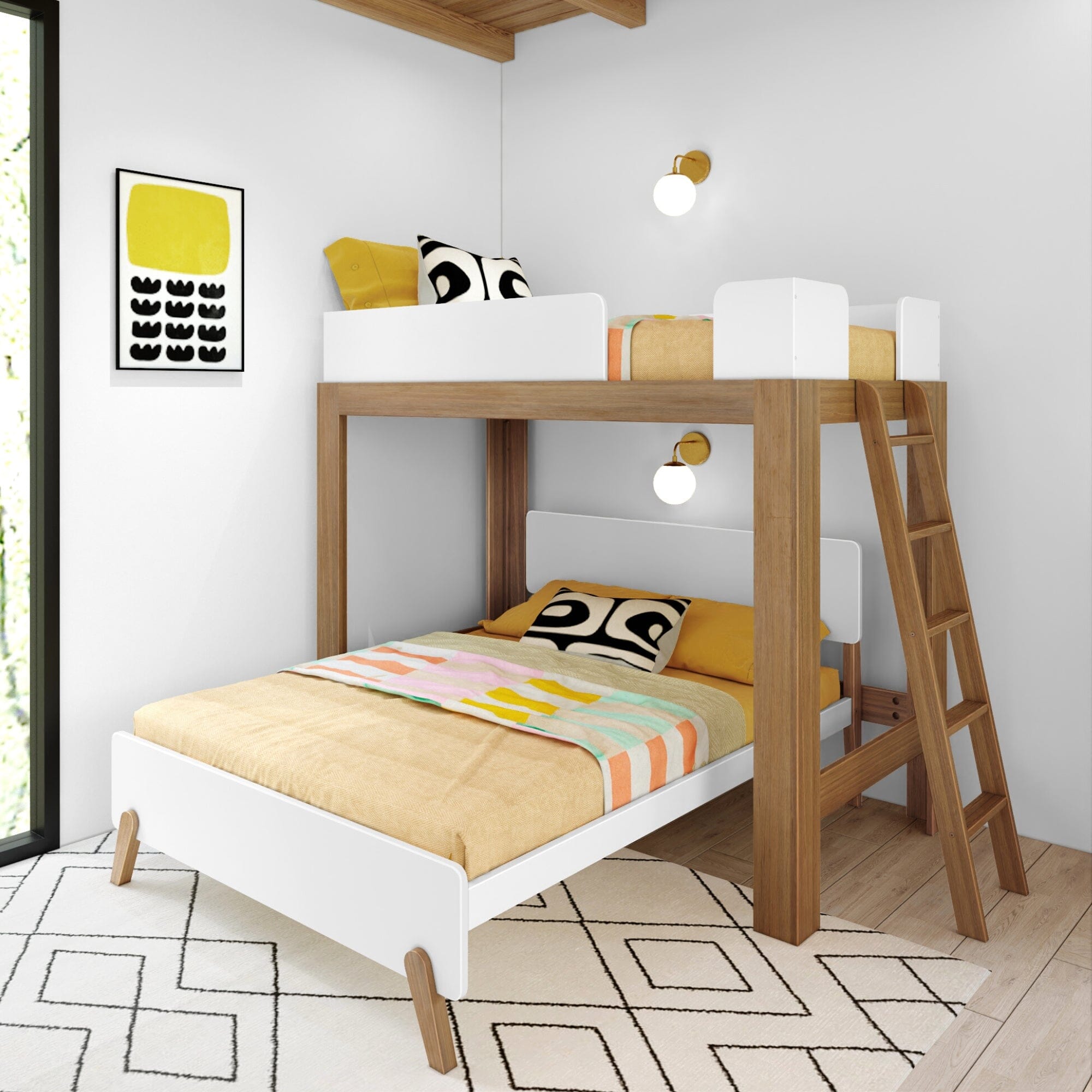 🎄Store Closing Sale💖Mid-Century Modern L-Shaped Twin Over Full Bunk Bed with Ladder on End