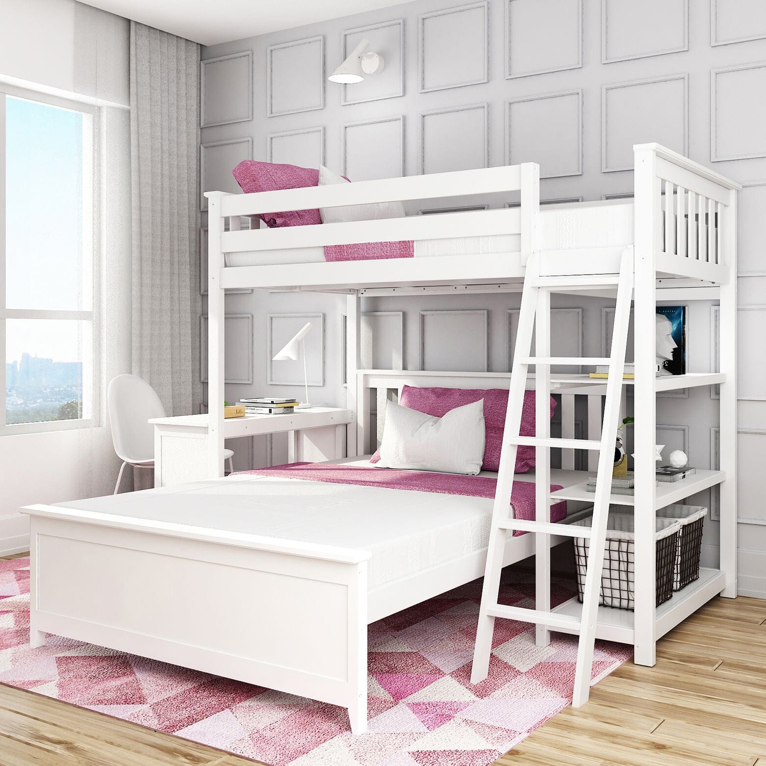 🎄Store Closing Sale💖Kid's L-Shaped Twin Over Full-Size Bunk Bed with Bookcase + Desk