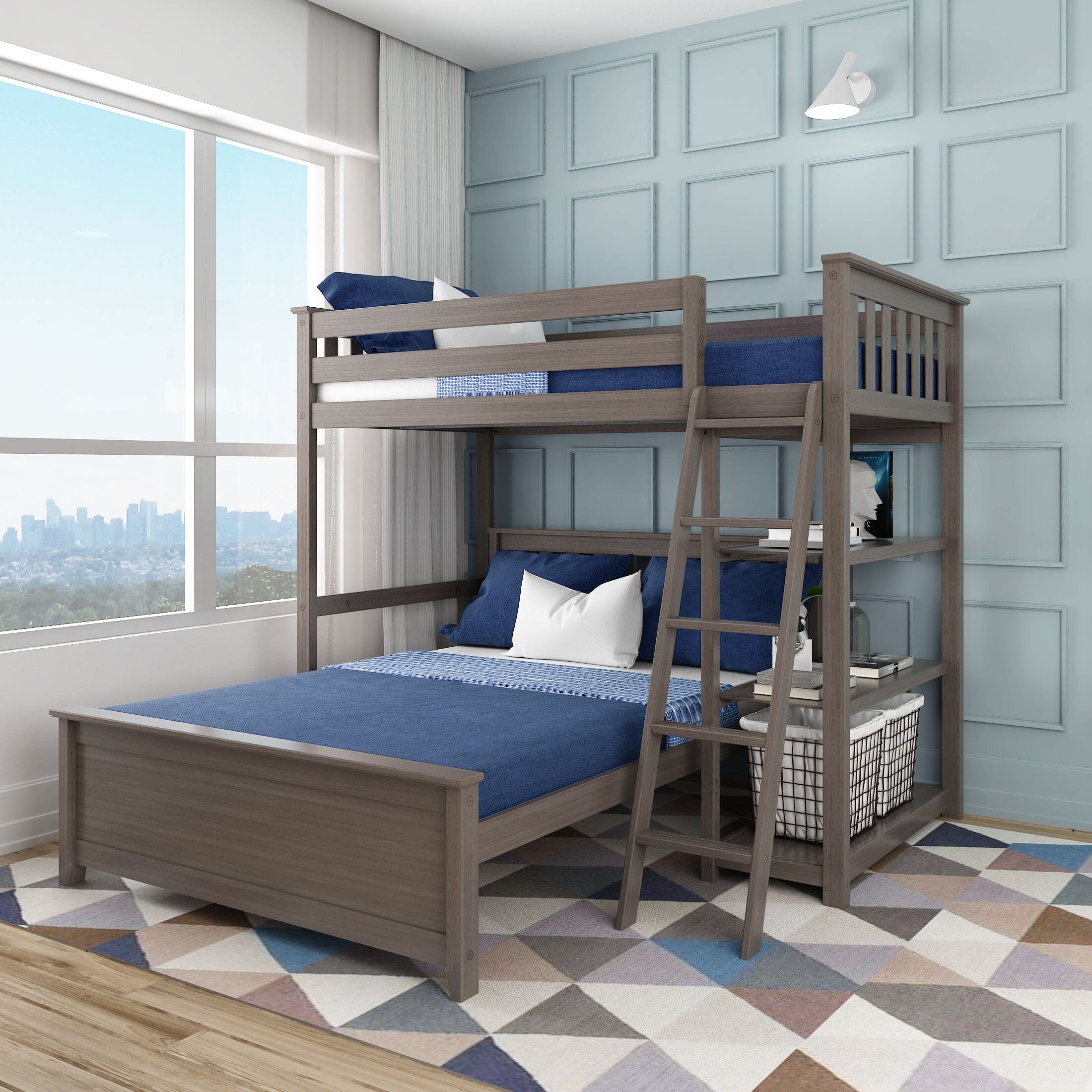 🎄Store Closing Sale💖Kid's L-Shaped Twin Over Full-Size Bunk Bed with Bookcase